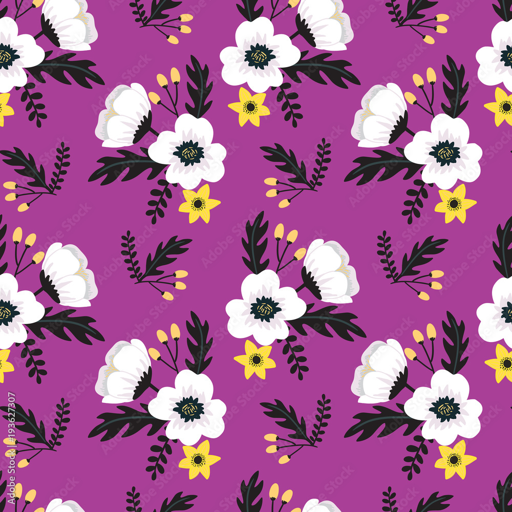 Elegant colorful seamless floral pattern with white and yellow flowers on violet background. Ditsy print. Vector illustration