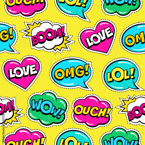 Seamless colorful bright pattern with comic speech bubbles patches on yellow background. Expressions LOVE, LOL, BOOM, OUCH, WOW, OMG. Vector illustration of modern vintage stickers, pop art style
