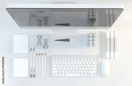 Modern work space with stationery set on white color background. Top view. Flat lay. 3D illustration