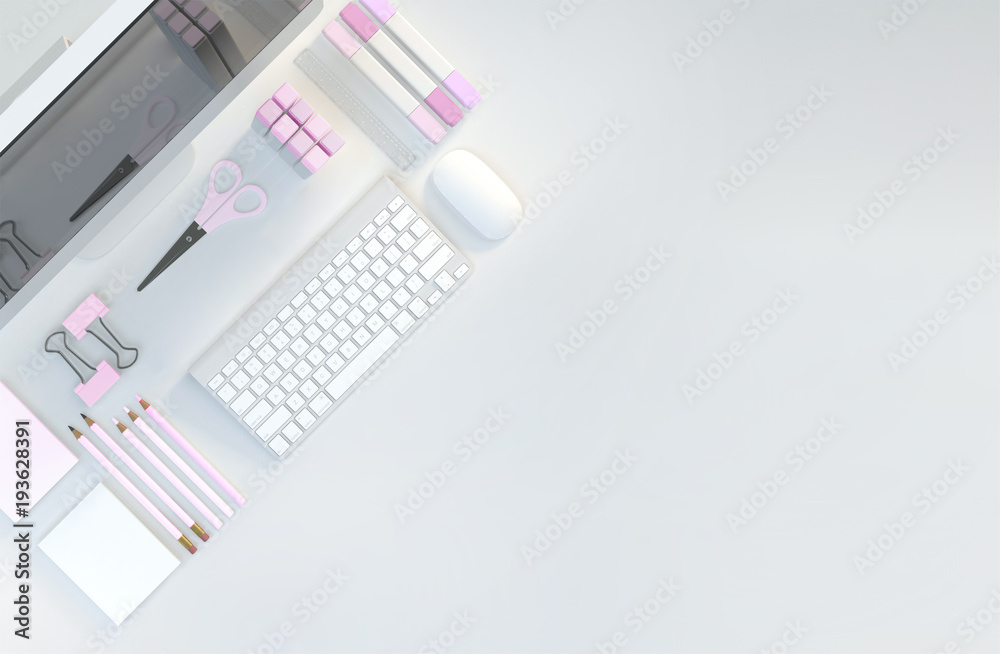 Modern workspace with computer, stationery set on white color background. Top view. Flat lay. 3D illustration
