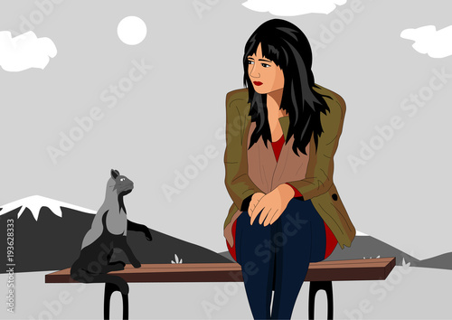 Girl offended sitting on a bench and next to the cat gives her advice. Vector illustration of a girl and a cat