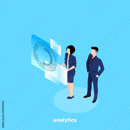 a man and a woman in business clothes analyze information on a virtual display, an isometric image