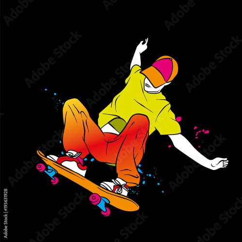 Stylish skater in jeans and sneakers. Skateboard. Vector illustration for a postcard or a poster, print for clothes. Street cultures.