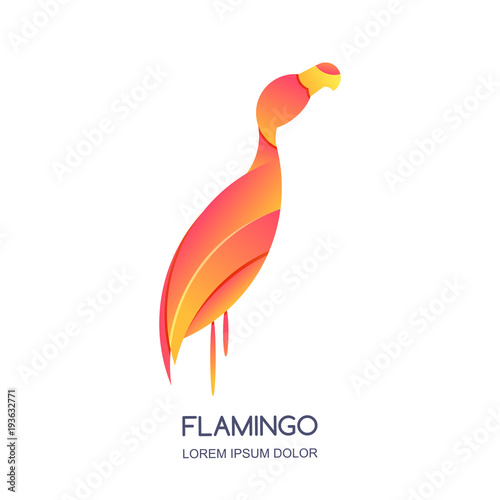 Vector logo icon or emblem with abstract pink tropical bird flamingo. Isolate...