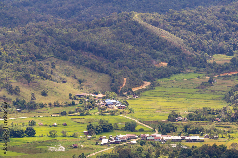 View of valley of Bario from Prayer Mountain. Bario is a community of 13 to 16 villages located on the Kelabit Highlands in Miri, Sarawak, Malaysia, lying at an altitude of 1000 m above sea level.