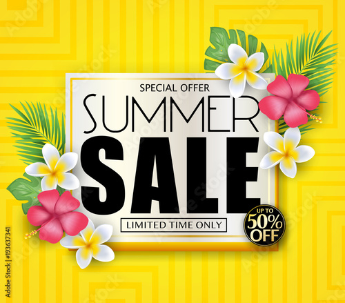 Special Offer Summer Sale for Limited Time Only Promotional Vector Illustration Design with Flowers and Tropical Leaves in Yellow Background with Pattern.
