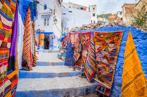 Street market in blue medina of city Chefchaouen,  Morocco, Africa. © Olena Zn