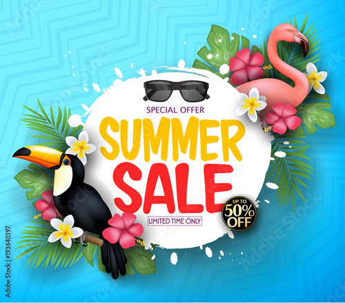 Blue Patterned Background with Limited Offer Summer Sale Message Together with Realistic Flamingo and Toucan Vector Illustration.
