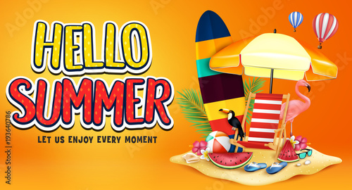 Hello Summer Greeting Text in Orange Background Banner with Realistic Toucan, Flamingo, Watermelon, Surfboard, Beach Ball, Sunglasses, Flowers, Palm Tree Leaves in Sand Island