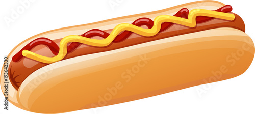 Fotografie, Tablou Hot Dog with Ketchup and Mustard Vector Illustration