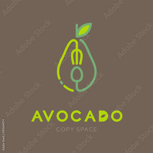 Avocado fruit with spoon and fork logo icon outline stroke set design illustration isolated on brown background with Avocado text and copy space, vector eps10