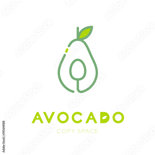 Avocado fruit with spoon logo icon outline stroke set design illustration isolated on white background with Avocado text and copy space, vector eps10