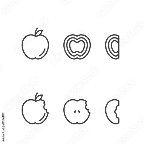 Apple fruit icons outline stroke set design illustration black and white color isolated on white background, vector eps10