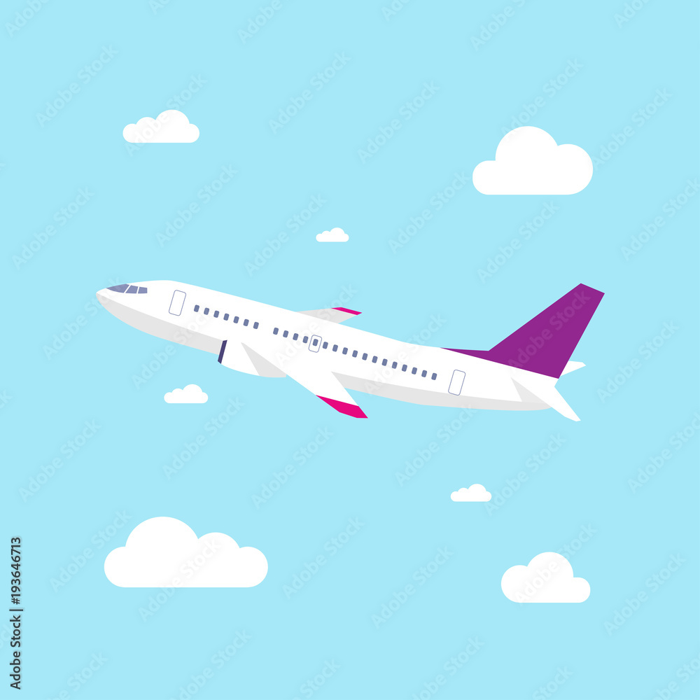 Airplane Vector Illustration, Airplane take off with blue sky background, Flat design style. 