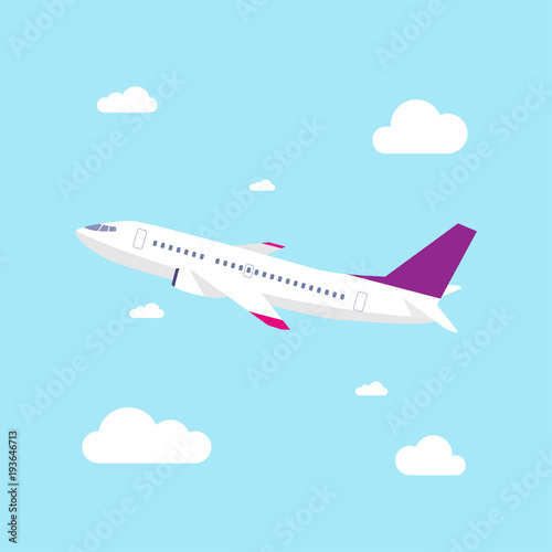 Airplane Vector Illustration, Airplane take off with blue sky background, Flat design style. 
