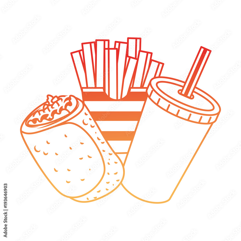 delicious Mexican burrito with soda and french fries vector illustration design
