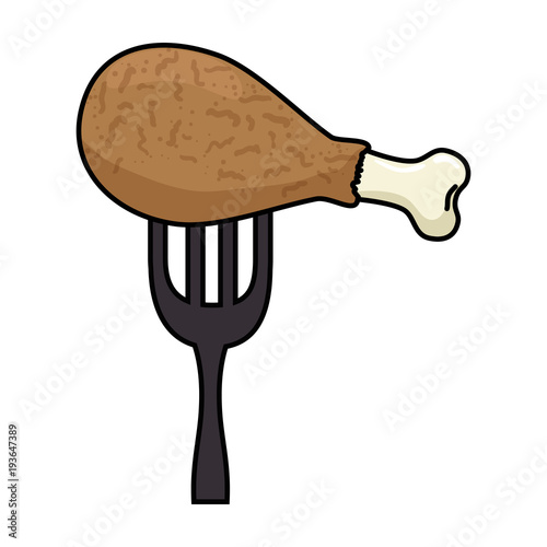 delicious chicken thigh in fork vector illustration design