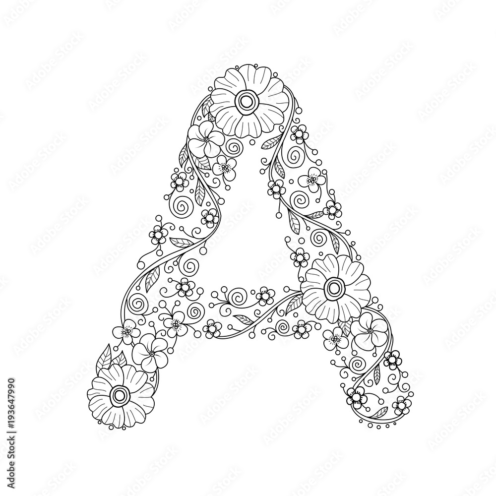 Floral alphabet letter A coloring book for adults. vector illustration