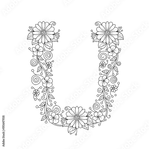 Floral alphabet letter U coloring book for adults. vector illustration.Hand drawn.Doodle style.