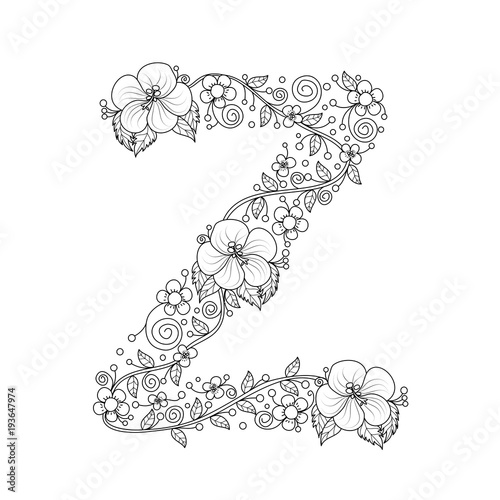 Floral alphabet letter Z coloring book for adults. vector illustration.Hand drawn.Doodle style.