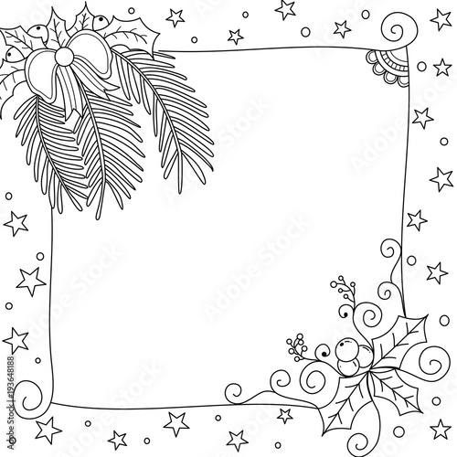 Coloring book page of christmas frame for adult and kids. vector illustration. doodle style. handdrawn.