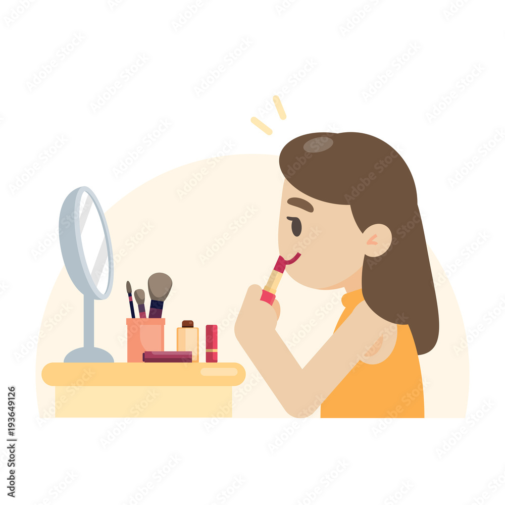 Young beautiful woman making makeup rouging her lips, vector illustration. Young beautiful woman making makeup rouging her lips, vector illustration.