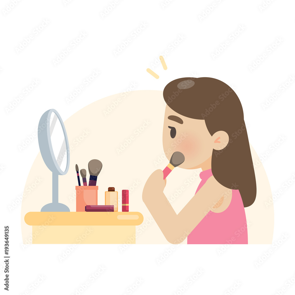 Young beautiful woman making makeup using a brush on face, vector flat design illustration. Young beautiful woman making makeup using a brush on face, vector flat design illustration.
