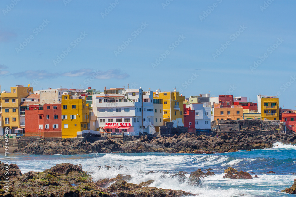 Detail scenic view of colorful houses in Tenerife, Spain. Atlantic ocean