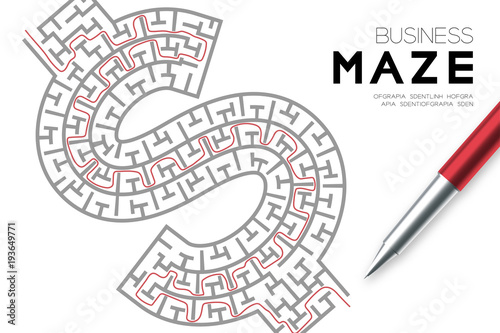 Business Maze or labyrinth Currency USD (United States Dollars) sign shape with drawing red stroke to exitl by pen and businessman, design illustration isolated on white background, with copy space