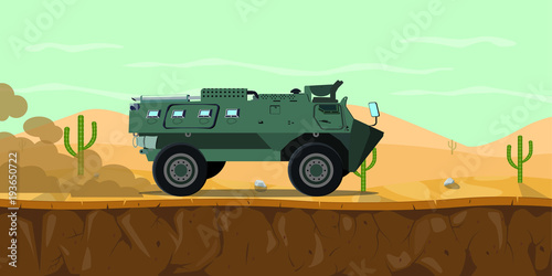 indonesia tank transport personel vehicle anoa main battle tank on the desert with haze smoke on the road vector graphic illustration