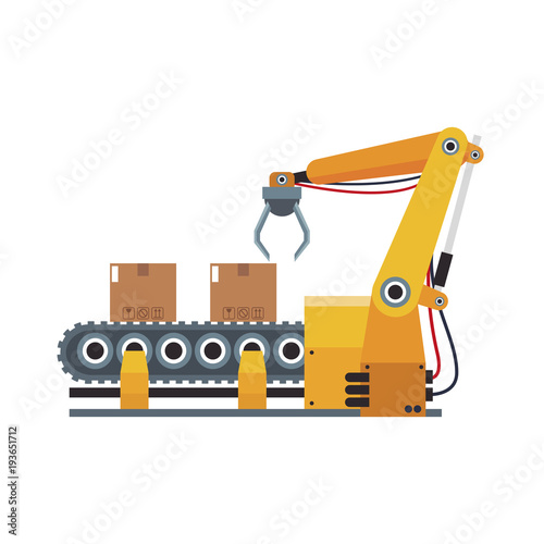 Factory robot arm with conveyor vector illustration graphic design