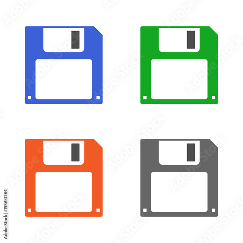Set of colorful SAVE button icons. Front side of floppy disc. Vector.