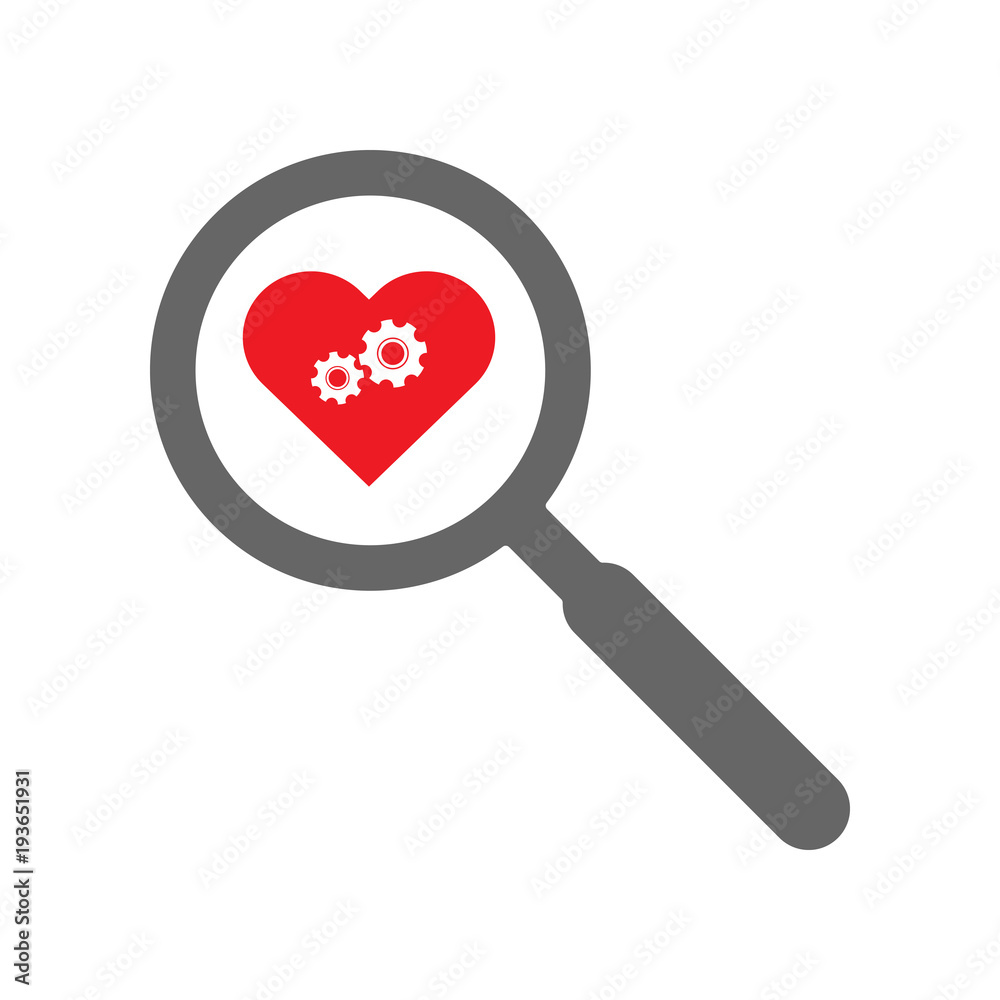 Mechanical red heart and magnifying glass. Transplantology concept. Vector icon. Mechanical red heart and magnifying glass. Transplantology concept. Vector icon.