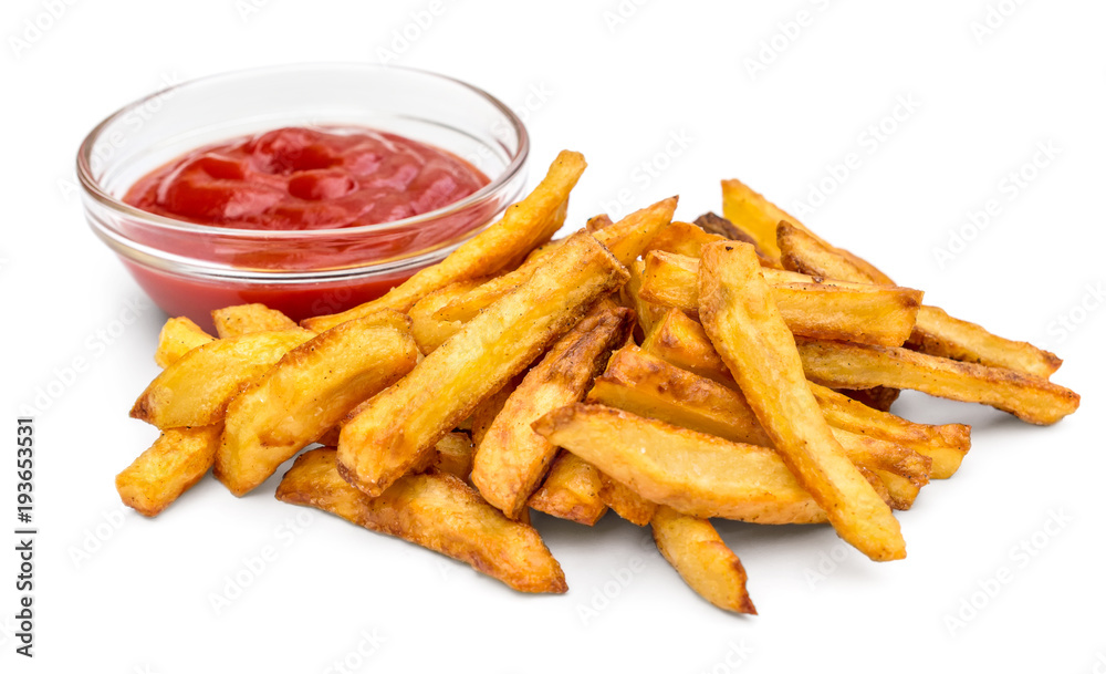 Heap of fried potato with ketchup on white background.