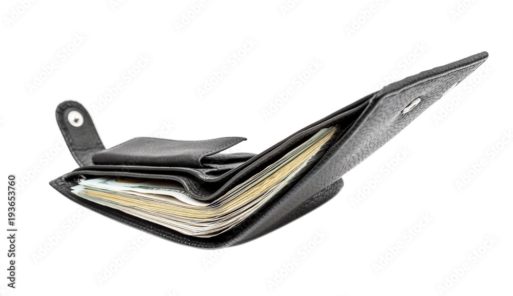 Opened black wallet with money isolated on white. Opened black wallet with money isolated on white.