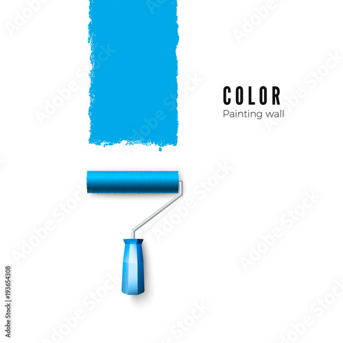 Paint roller brush. Blue paint texture when painting with a roller. Vector illustration isolated on white background