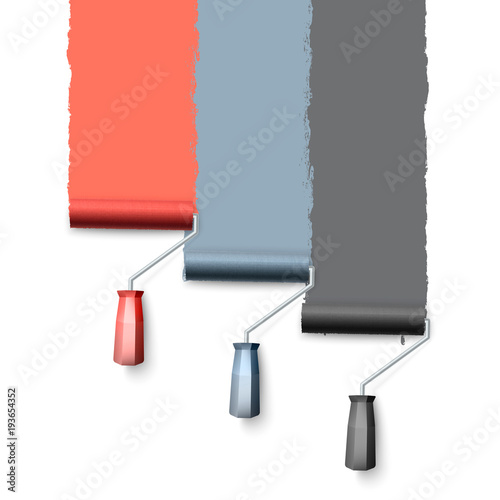 Paint roller brush. Colorful paint texture when painting with a roller. Three rollers paint the wall one by one. Vector illustration isolated on white background