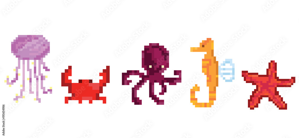 Naklejka premium Pixel set sea animals. Pixel octopus ,seahorse, crab, jellyfish, starfish. Vector illustration