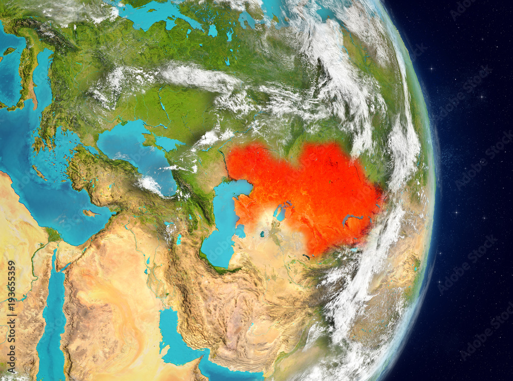 Orbit view of Kazakhstan in red