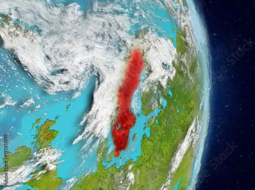 Orbit view of Sweden in red