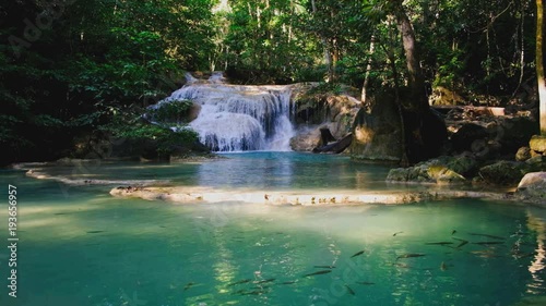 Erawan waterfall with sunlight  in the morning , Kanchanaburi Province, Thailand. photo