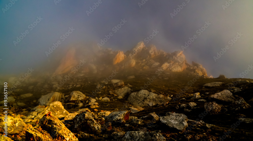 Panorama of Schalbus-Dag mountain in fog, Dagestan, Caucasus Rus
