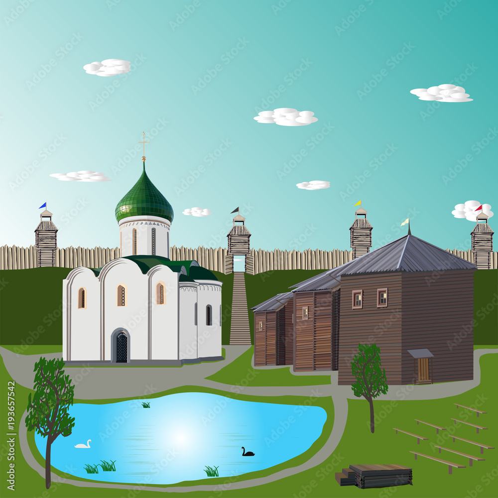 Reconstruction of an original form of Red Square in ancient Pereslavl-Zalessky with Transfiguration Cathedral of 1152 of construction.