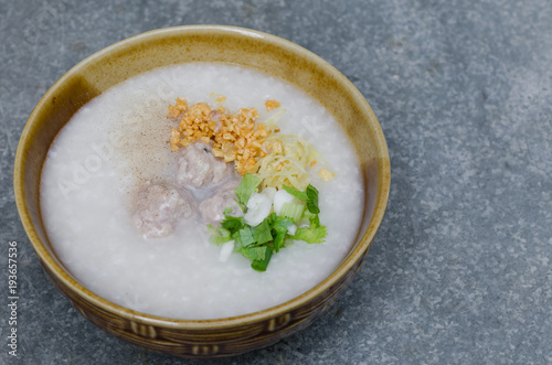 Asian Rice Porridge with Meatballs for Breakfast.