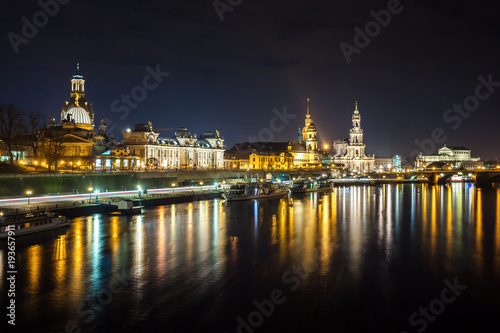 Beautiful night view of the city and reflections in the Elbe river in Dresden, Germany