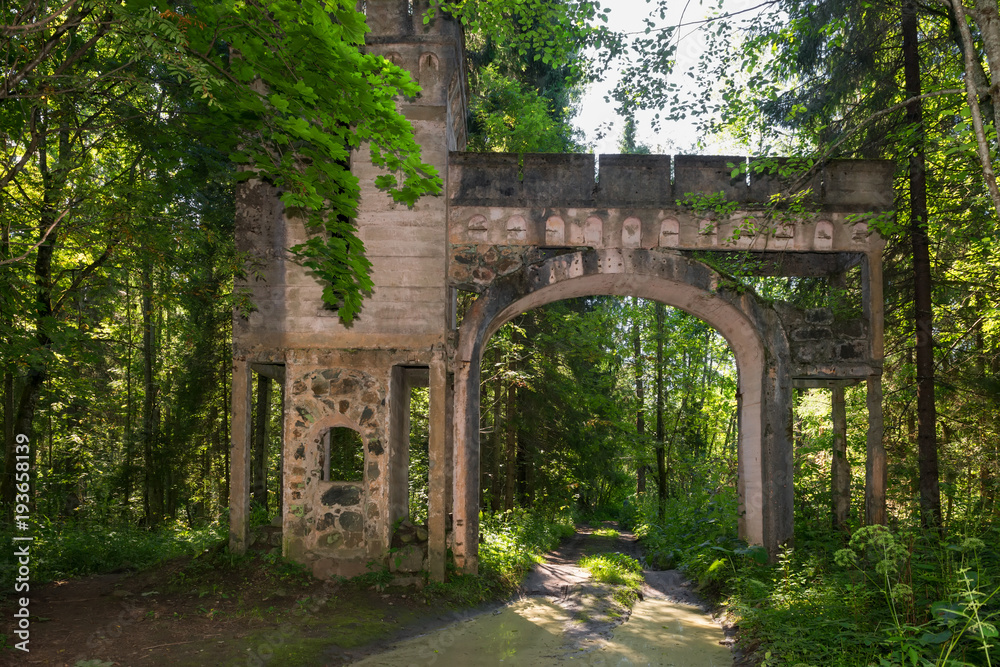Destroyed by time romantic entrance gates made of reinforced concrete (1914). Manor Zavetnoye. Novgorod Region, Russia