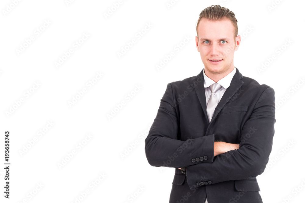 Businessman in black suit standing isolated on white background Businessman in black suit standing isolated on white background