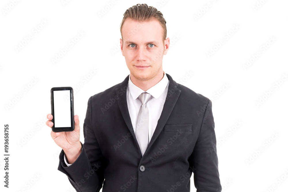 Businessman in elegant black suit using smartphone isolated on white background Businessman in elegant black suit using smartphone isolated on white background