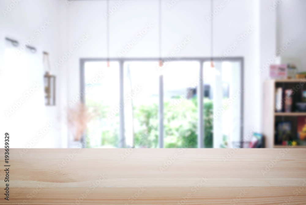 Empty wooden table and blurred background of abstract in front of restaurant or coffee shop for display of product or for montage Empty wooden table and blurred background of abstract in front of restaurant or coffee shop for display of product or for montage
