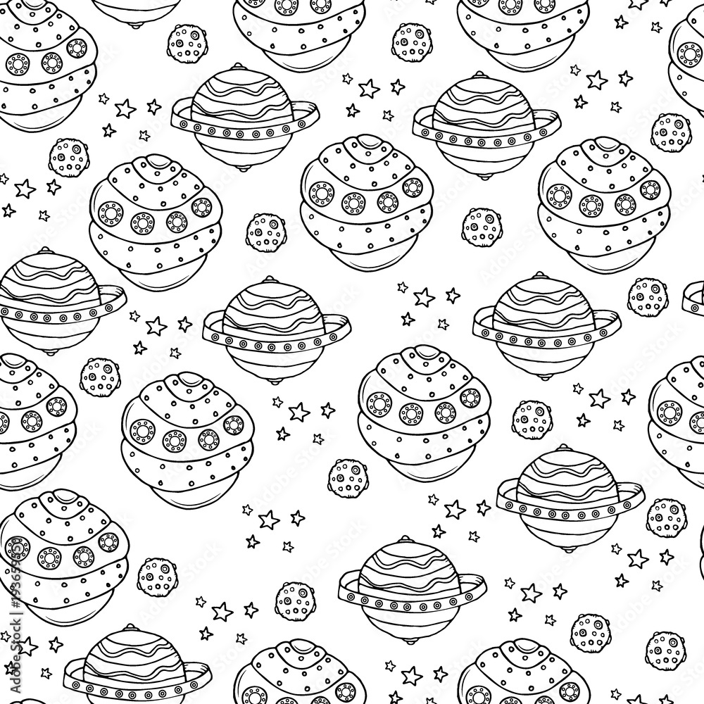 Cosmic seamless pattern. Vector illustration isolated on white background.
